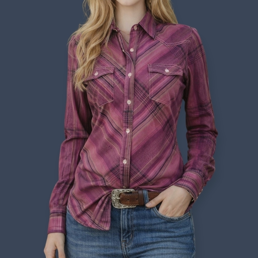 VTG CRUEL GIRL Purple Metallic Plaid Cowgirl Button Down Long Sleeve Shirt